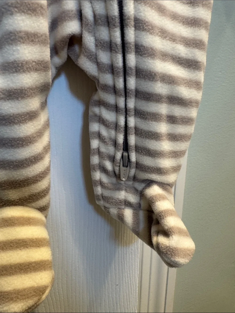 Carter's Striped Cream and Gray Footed One-Piece with Raccoon Patch
